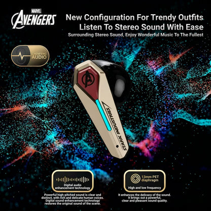 Marvel Avengers Iron Man Wireless Bluetooth 5.4 Headphones, Mecha‑Style TWS Gaming Earbuds With RGB Light, ENC Noise Cancelling, Low Latency Dual Mode Stereo Earphones For Sport Gaming Music