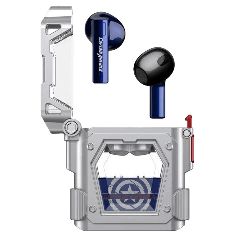 Marvel Iron Man Captain America TWS Wireless Bluetooth 5.3 Earbuds, Mecha Style Protective Charging Case, Low Latency Gaming Semi‑in‑Ear Headset with HiFi Stereo Sound For Anime Fans Daily Use