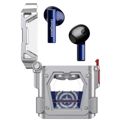 Marvel Iron Man Captain America TWS Wireless Bluetooth 5.3 Earbuds, Mecha Style Protective Charging Case, Low Latency Gaming Semi‑in‑Ear Headset with HiFi Stereo Sound For Anime Fans Daily Use