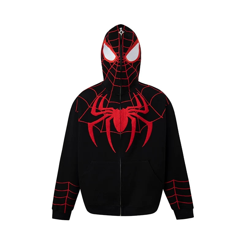Marvel Spider‑Man Full Zip Hoodie, Spider Web Chenille Embroidery Hooded Sweatshirt With Mask Eyes Design, Oversized Casual Streetwear Jacket For Men Women, Multi‑Color Options, Loose Fit Long Sleeve Cosplay Daily Hooded Coat