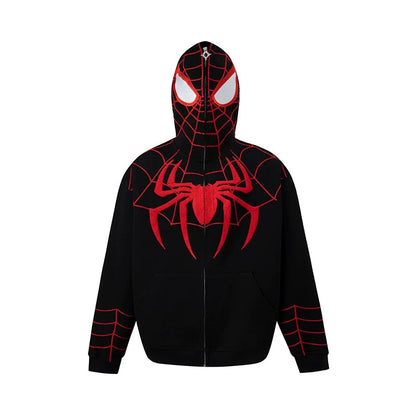 Marvel Spider‑Man Full Zip Hoodie, Spider Web Chenille Embroidery Hooded Sweatshirt With Mask Eyes Design, Oversized Casual Streetwear Jacket For Men Women, Multi‑Color Options, Loose Fit Long Sleeve Cosplay Daily Hooded Coat