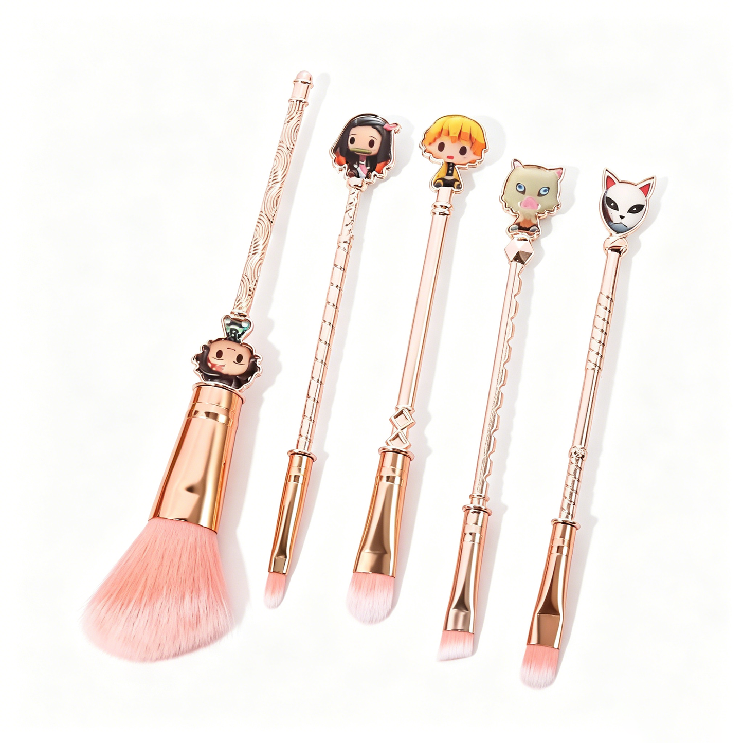 Demon Slayer Tanjiro Nezuko 5Pcs Anime Makeup Brush Set, Rose Gold Cosmetic Brushes with Storage Pouch