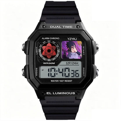 Naruto Sasuke Anime Digital Sports Watch, 30M Waterproof Dual Time EL Backlight Chronograph Wrist Watch