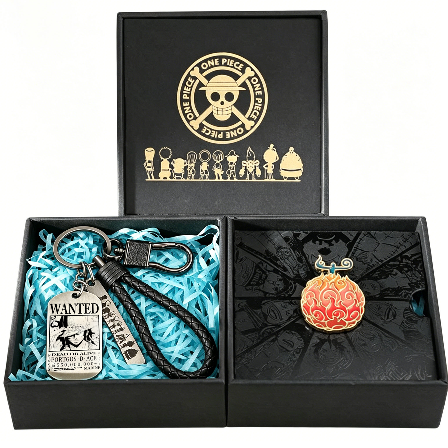 One Piece Monkey D Luffy Wanted Poster Dog Tag Keychain Devil Fruit Enamel Pin Gift Box Set, Anime Zoro Ace Law Metal Keyring Lapel Pin Collectible Jewelry Present for Fans
