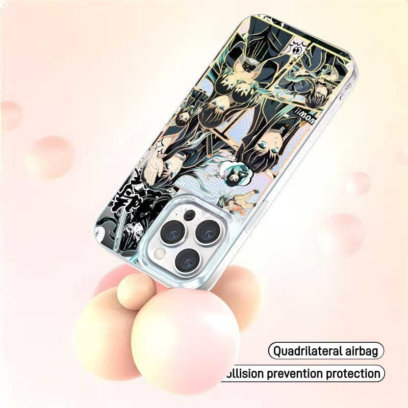 Demon Slayer Tokito Muichiro Anime Phone Case, Aurora Gradient Comic Collage Shockproof Airbag Protective Case For All iPhone Models Removable Lens Frame Clear Cell Phone Cover