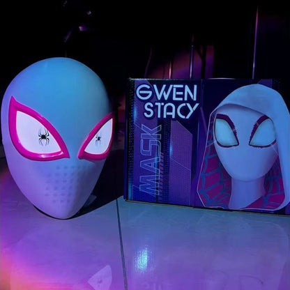Marvel Spider‑Man Gwen Stacy Miles Morales Electric Mask LED Light Movable Eyes Remote Control Ring Lycra Full Face Helmet Cosplay Costume Prop Multiple Styles For Halloween Anime Fans