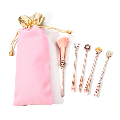 Demon Slayer Tanjiro Nezuko 5Pcs Anime Makeup Brush Set, Rose Gold Cosmetic Brushes with Storage Pouch