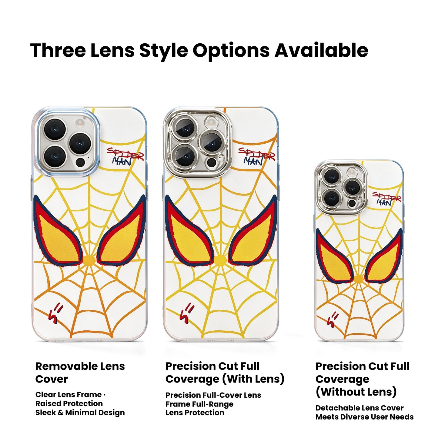 Marvel Spider‑Man Hand‑Drawn Web Pattern Phone Case, Removable 3‑In‑1 Camera Lens Frame, Quadrilateral Airbag Shockproof Anti‑Drop Protective Cover For Multiple Smartphone Models, Cute Cartoon Phone Case For Fans