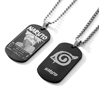 Naruto Anime Characters Double Sided Engraved Dog Tag Necklace, Stainless Steel Black Pendant Chain Necklace, Classic Naruto Shippuden Symbol Jewelry Gifts For Men Teens Anime Fans Cosplay Accessories