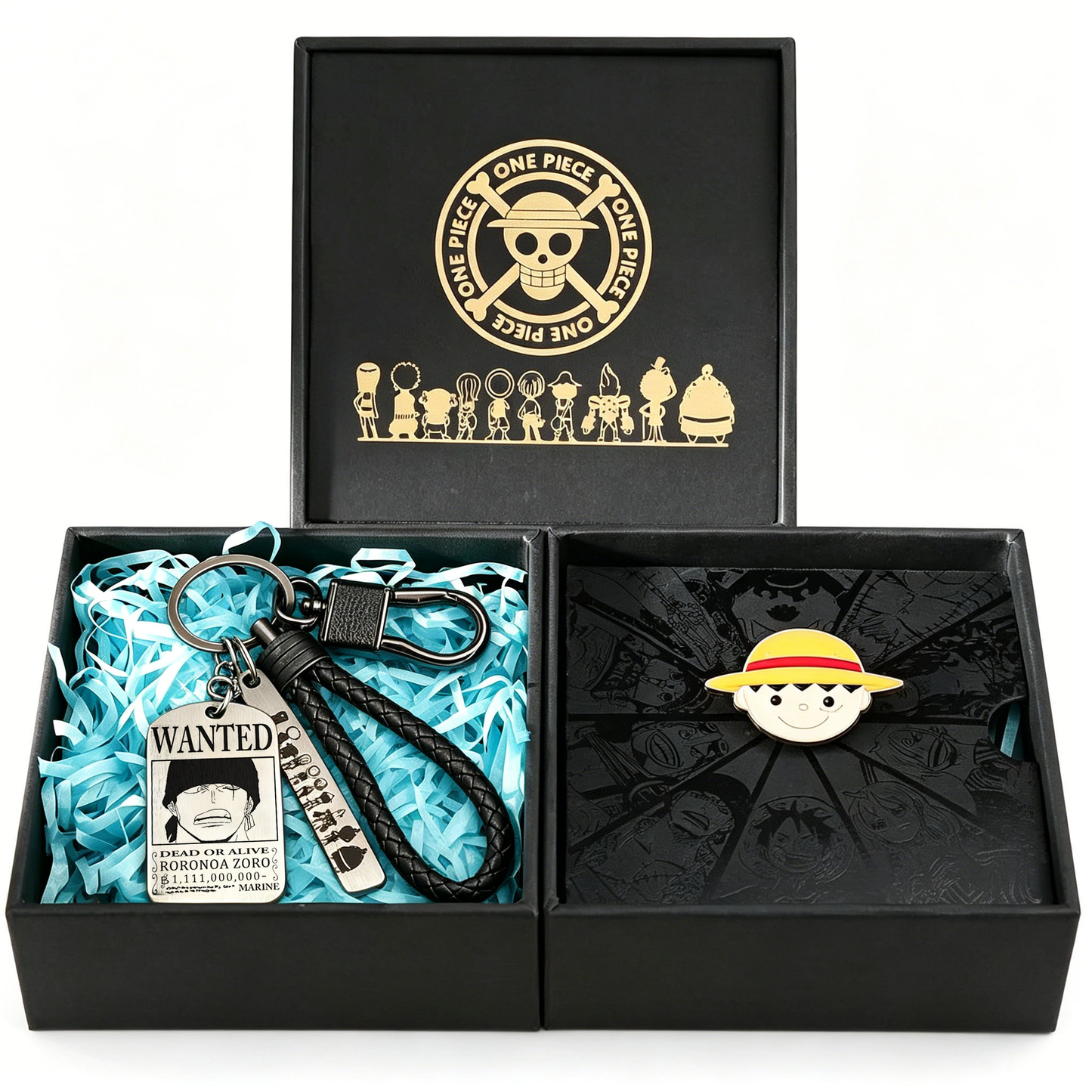One Piece Monkey D Luffy Wanted Poster Dog Tag Keychain Devil Fruit Enamel Pin Gift Box Set, Anime Zoro Ace Law Metal Keyring Lapel Pin Collectible Jewelry Present for Fans