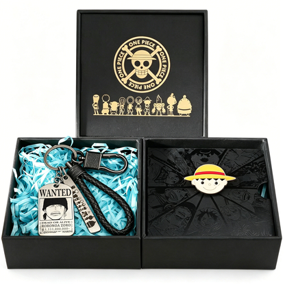 One Piece Monkey D Luffy Wanted Poster Dog Tag Keychain Devil Fruit Enamel Pin Gift Box Set, Anime Zoro Ace Law Metal Keyring Lapel Pin Collectible Jewelry Present for Fans