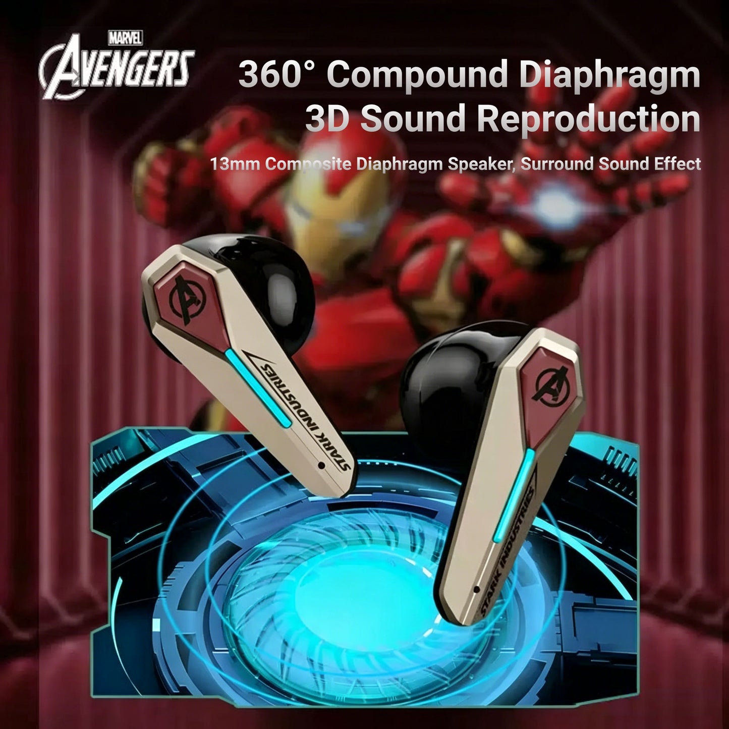 Marvel Avengers Iron Man Wireless Bluetooth 5.4 Headphones, Mecha‑Style TWS Gaming Earbuds With RGB Light, ENC Noise Cancelling, Low Latency Dual Mode Stereo Earphones For Sport Gaming Music