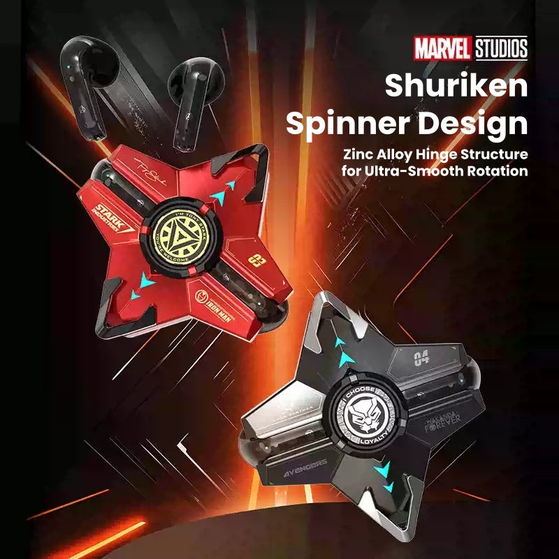Marvel Iron‑Man Black Panther Spinner Wireless Bluetooth 5.3 Earbuds Fidget Spinner Toy Charging Case Stereo Gaming Headphones With Colorful LED Light For Anime Fans