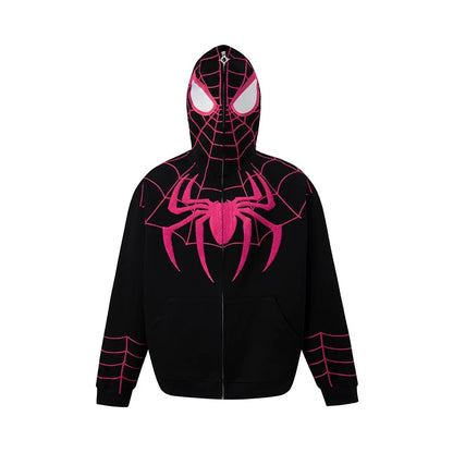 Marvel Spider‑Man Full Zip Hoodie, Spider Web Chenille Embroidery Hooded Sweatshirt With Mask Eyes Design, Oversized Casual Streetwear Jacket For Men Women, Multi‑Color Options, Loose Fit Long Sleeve Cosplay Daily Hooded Coat