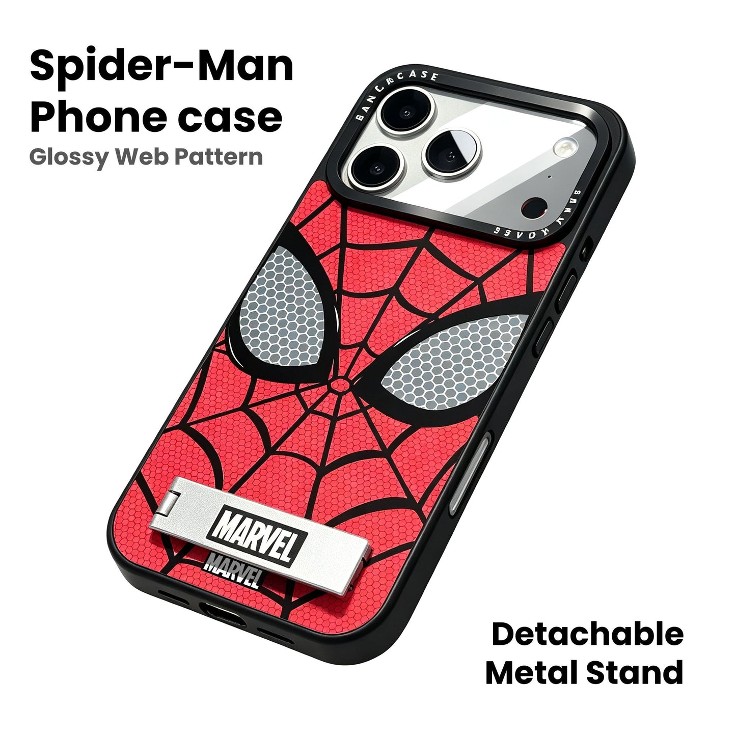 Marvel Spider-Man Web Face Print Phone Case With Built-in Metal Kickstand Slim Shockproof Soft Bumper Precise Cutout Anti-Scratch Protective Cover For iPhone Series