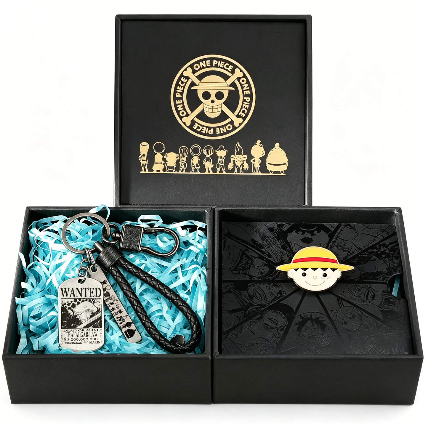 One Piece Monkey D Luffy Wanted Poster Dog Tag Keychain Devil Fruit Enamel Pin Gift Box Set, Anime Zoro Ace Law Metal Keyring Lapel Pin Collectible Jewelry Present for Fans