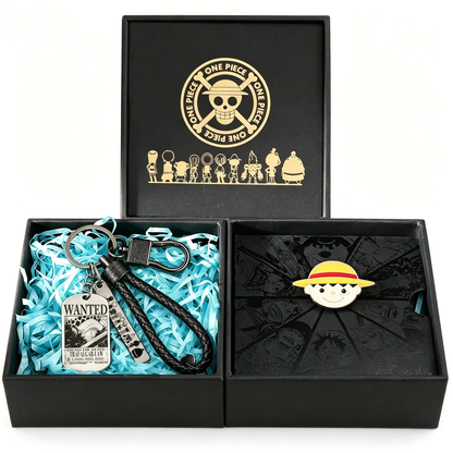 One Piece Monkey D Luffy Wanted Poster Dog Tag Keychain Devil Fruit Enamel Pin Gift Box Set, Anime Zoro Ace Law Metal Keyring Lapel Pin Collectible Jewelry Present for Fans