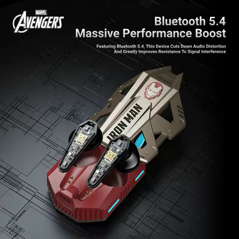 Marvel Avengers Iron Man Wireless Bluetooth 5.4 Headphones, Mecha‑Style TWS Gaming Earbuds With RGB Light, ENC Noise Cancelling, Low Latency Dual Mode Stereo Earphones For Sport Gaming Music