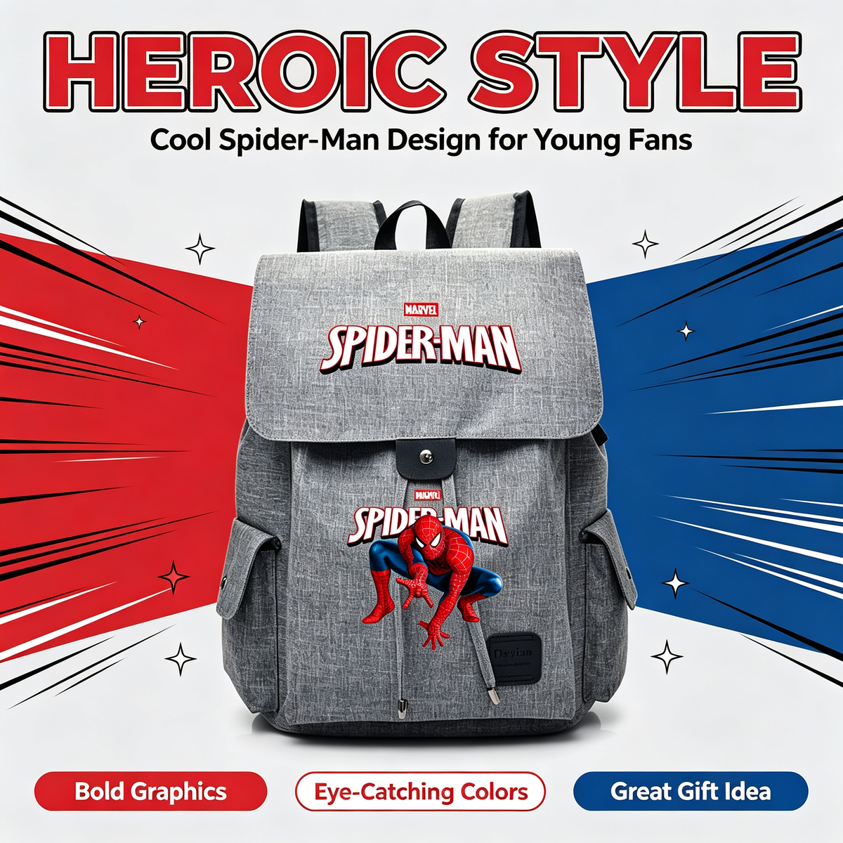 Spider-Man Marvel Canvas Backpack, Flip Top Drawstring Rucksack, Anime Superhero School Bookbag, Casual Travel Daypack Gift for Fans  >