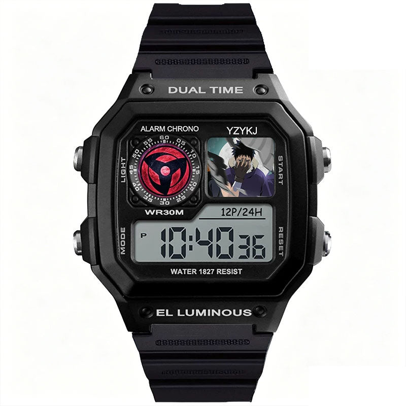 Naruto Sasuke Anime Digital Sports Watch, 30M Waterproof Dual Time EL Backlight Chronograph Wrist Watch