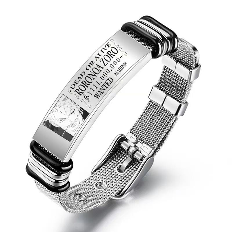 One Piece Monkey D Luffy Roronoa Zoro Engraved Wanted Poster Stainless Steel Mesh Bracelet, Adjustable Anime Wrist Band Jewelry Gift