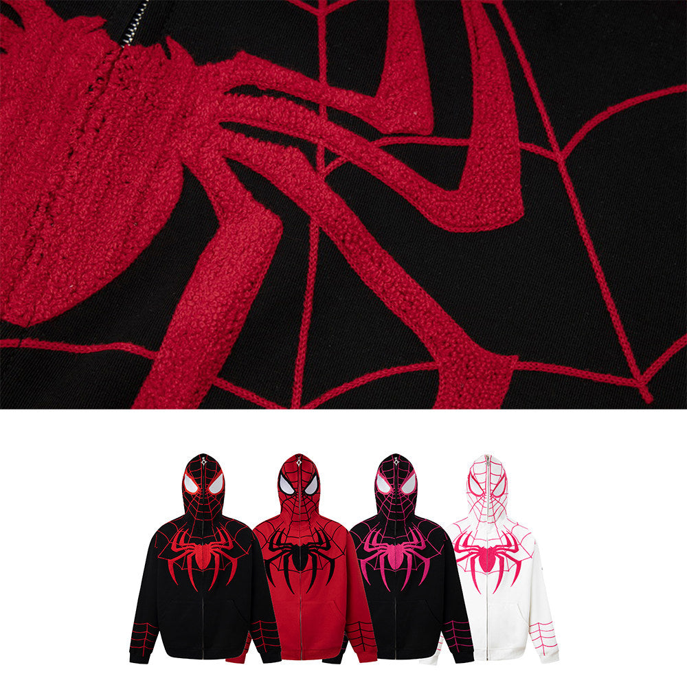 Marvel Spider‑Man Full Zip Hoodie, Spider Web Chenille Embroidery Hooded Sweatshirt With Mask Eyes Design, Oversized Casual Streetwear Jacket For Men Women, Multi‑Color Options, Loose Fit Long Sleeve Cosplay Daily Hooded Coat