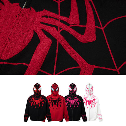 Marvel Spider‑Man Full Zip Hoodie, Spider Web Chenille Embroidery Hooded Sweatshirt With Mask Eyes Design, Oversized Casual Streetwear Jacket For Men Women, Multi‑Color Options, Loose Fit Long Sleeve Cosplay Daily Hooded Coat