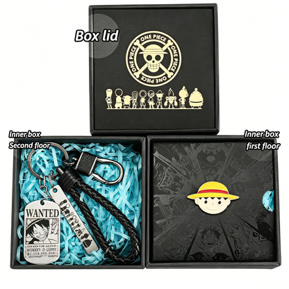 One Piece Monkey D Luffy Wanted Poster Dog Tag Keychain Devil Fruit Enamel Pin Gift Box Set, Anime Zoro Ace Law Metal Keyring Lapel Pin Collectible Jewelry Present for Fans