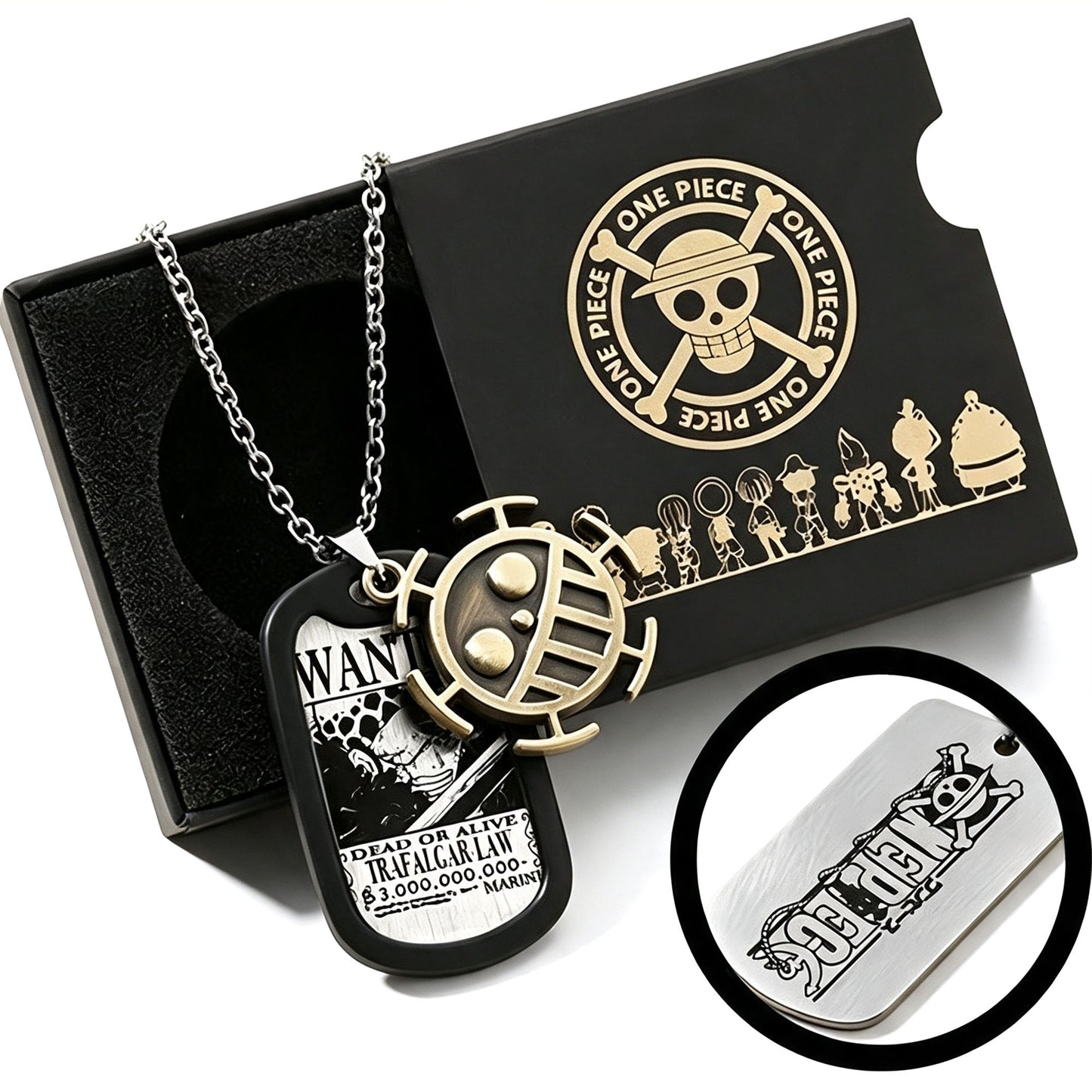 One Piece Monkey D Luffy Wanted Poster Dog Tag Necklace Keychain Set, Anime Straw Hat Zoro Ace Law Metal Pendant Jewelry, Stainless Steel Cosplay Collectible Gift Box For Anime Fans