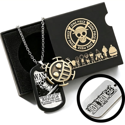 One Piece Monkey D Luffy Wanted Poster Dog Tag Necklace Keychain Set, Anime Straw Hat Zoro Ace Law Metal Pendant Jewelry, Stainless Steel Cosplay Collectible Gift Box For Anime Fans