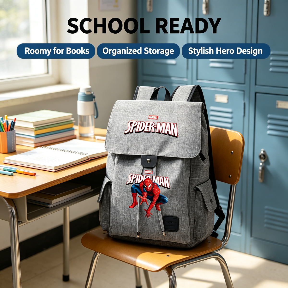 Spider-Man Marvel Canvas Backpack, Flip Top Drawstring Rucksack, Anime Superhero School Bookbag, Casual Travel Daypack Gift for Fans  >