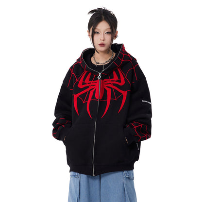 Marvel Spider‑Man Full Zip Hoodie, Spider Web Chenille Embroidery Hooded Sweatshirt With Mask Eyes Design, Oversized Casual Streetwear Jacket For Men Women, Multi‑Color Options, Loose Fit Long Sleeve Cosplay Daily Hooded Coat
