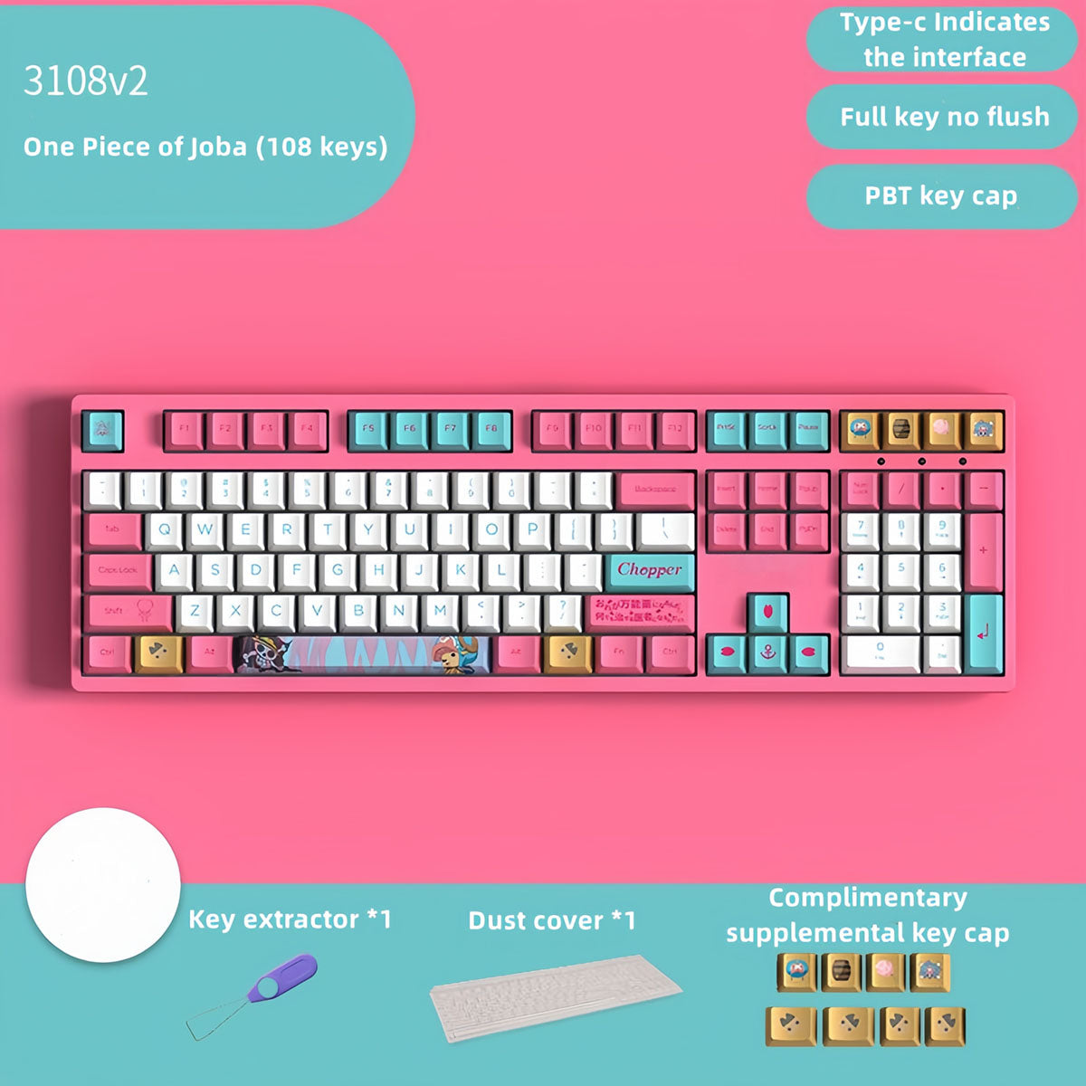 One Piece Chopper Luffy Mechanical Keyboard, 108‑Key PBT Anime Pink Gaming Keyboard with Custom Keycaps