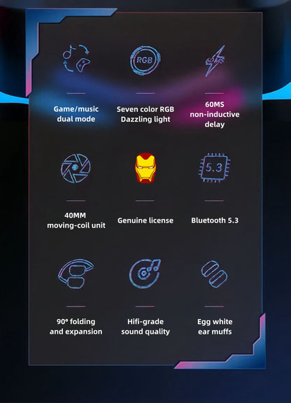 Marvel Iron Man Captain America Over‑Ear Bluetooth Headphones, RGB LED Light Gaming Headset, Bluetooth 5.3, 60MS Low Latency, 40MM Driver, Foldable Wireless Wired Mode Headphones for Game Music