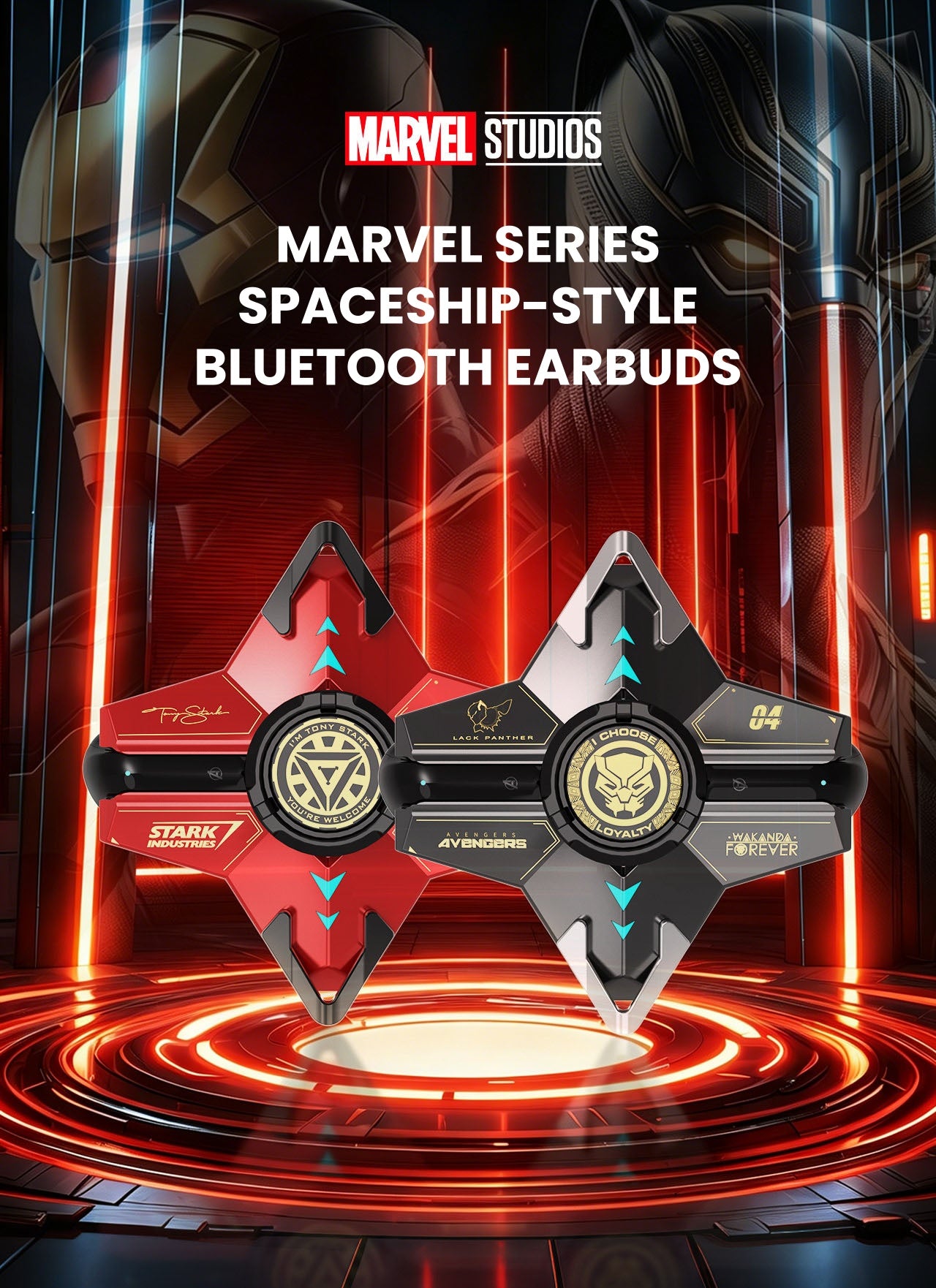 Marvel Iron‑Man Black Panther Spinner Wireless Bluetooth 5.3 Earbuds Fidget Spinner Toy Charging Case Stereo Gaming Headphones With Colorful LED Light For Anime Fans