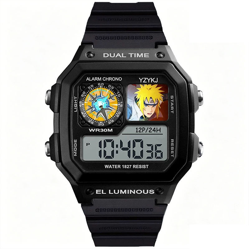 Naruto Sasuke Anime Digital Sports Watch, 30M Waterproof Dual Time EL Backlight Chronograph Wrist Watch