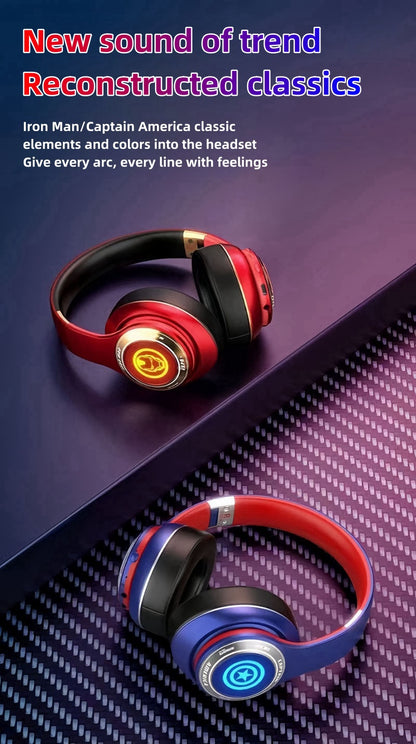 Marvel Iron Man Captain America Over‑Ear Bluetooth Headphones, RGB LED Light Gaming Headset, Bluetooth 5.3, 60MS Low Latency, 40MM Driver, Foldable Wireless Wired Mode Headphones for Game Music