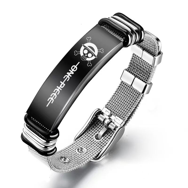 One Piece Monkey D Luffy Roronoa Zoro Engraved Wanted Poster Stainless Steel Mesh Bracelet, Adjustable Anime Wrist Band Jewelry Gift
