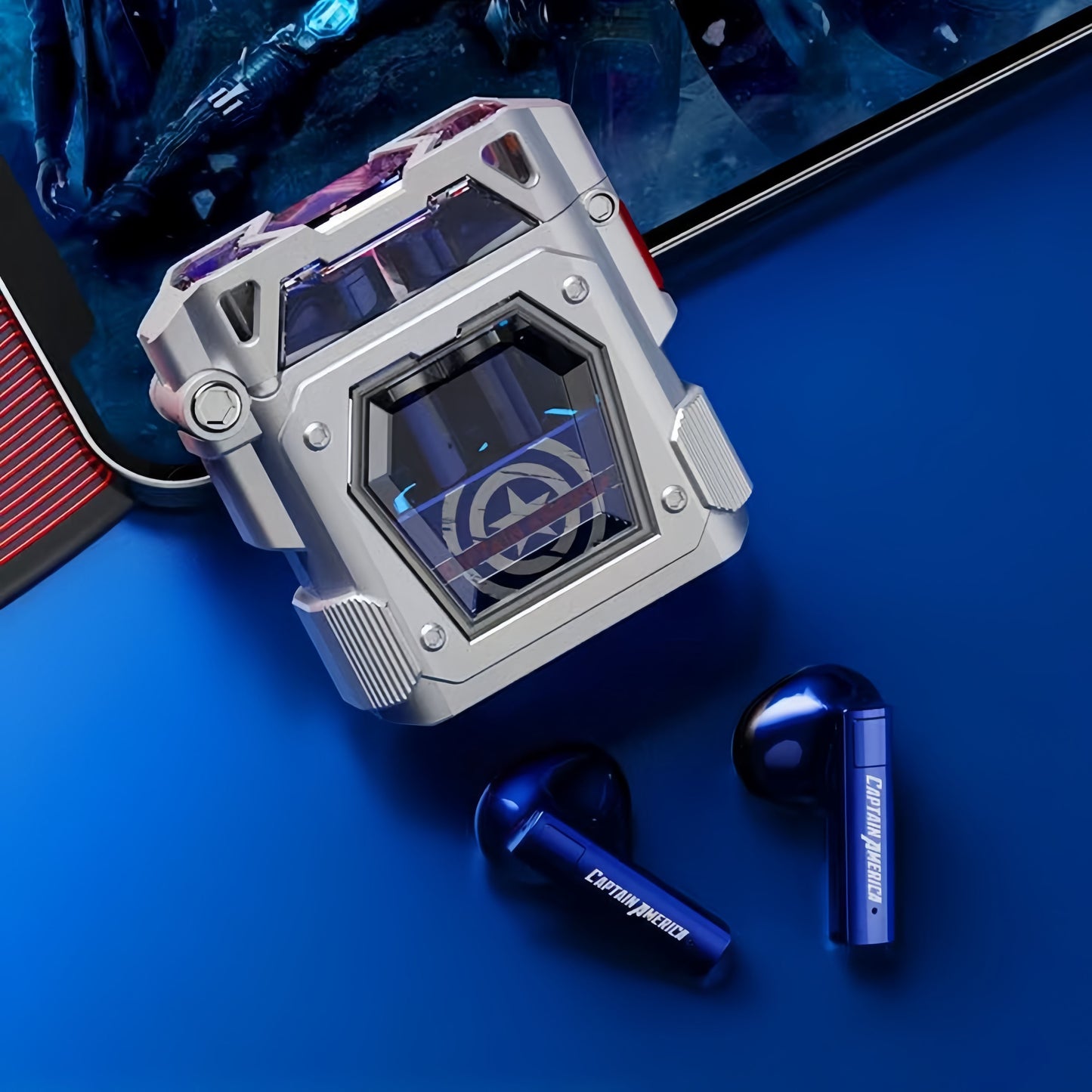 Marvel Iron Man Captain America TWS Wireless Bluetooth 5.3 Earbuds, Mecha Style Protective Charging Case, Low Latency Gaming Semi‑in‑Ear Headset with HiFi Stereo Sound For Anime Fans Daily Use