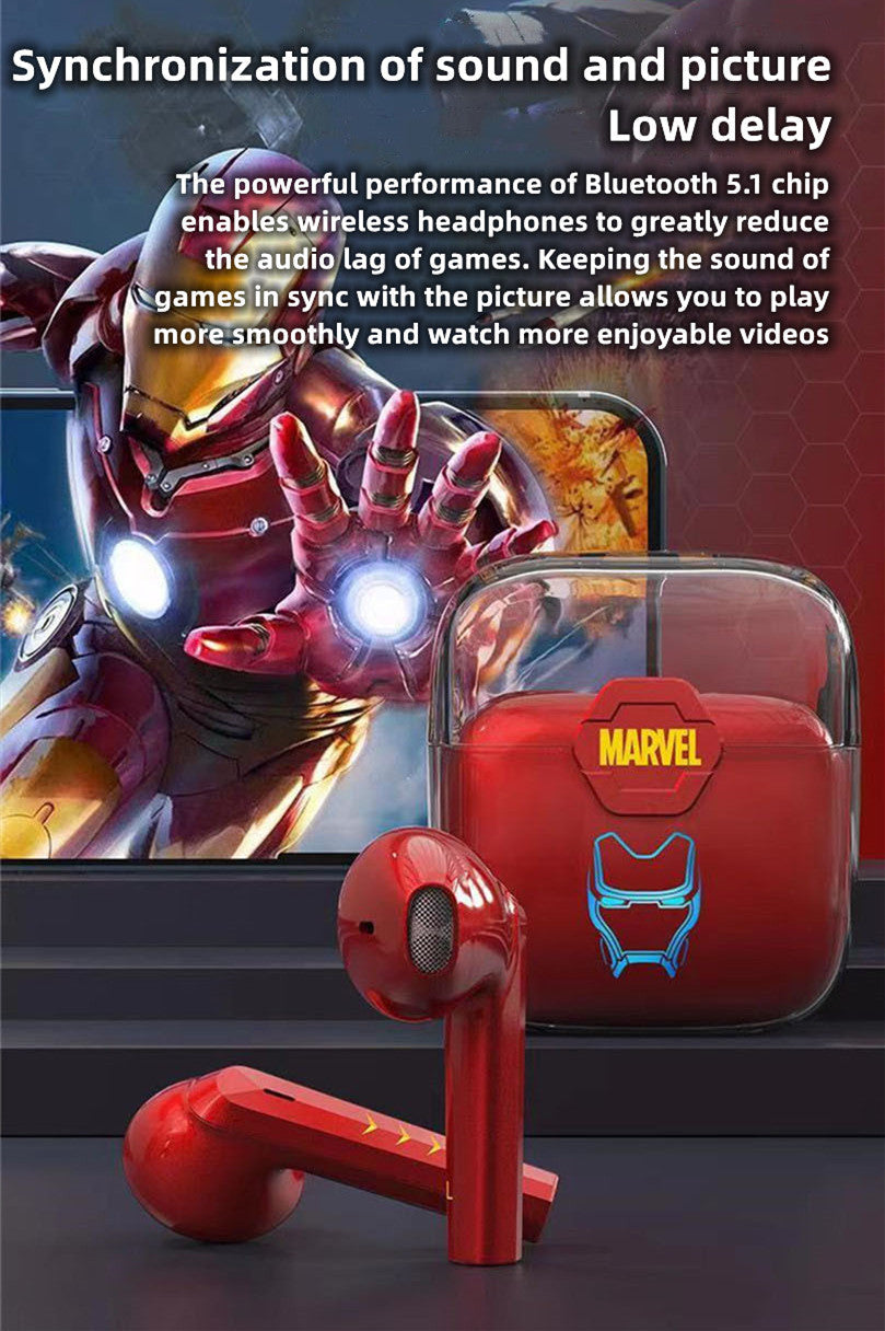 Marvel Iron Man Black Panther Wireless Earbuds, Marvel TWS Bluetooth 5.1 Headphones with LED Light