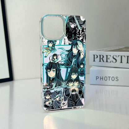 Demon Slayer Tokito Muichiro Anime Phone Case, Aurora Gradient Comic Collage Shockproof Airbag Protective Case For All iPhone Models Removable Lens Frame Clear Cell Phone Cover