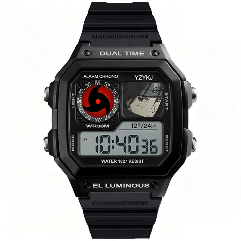Naruto Sasuke Anime Digital Sports Watch, 30M Waterproof Dual Time EL Backlight Chronograph Wrist Watch
