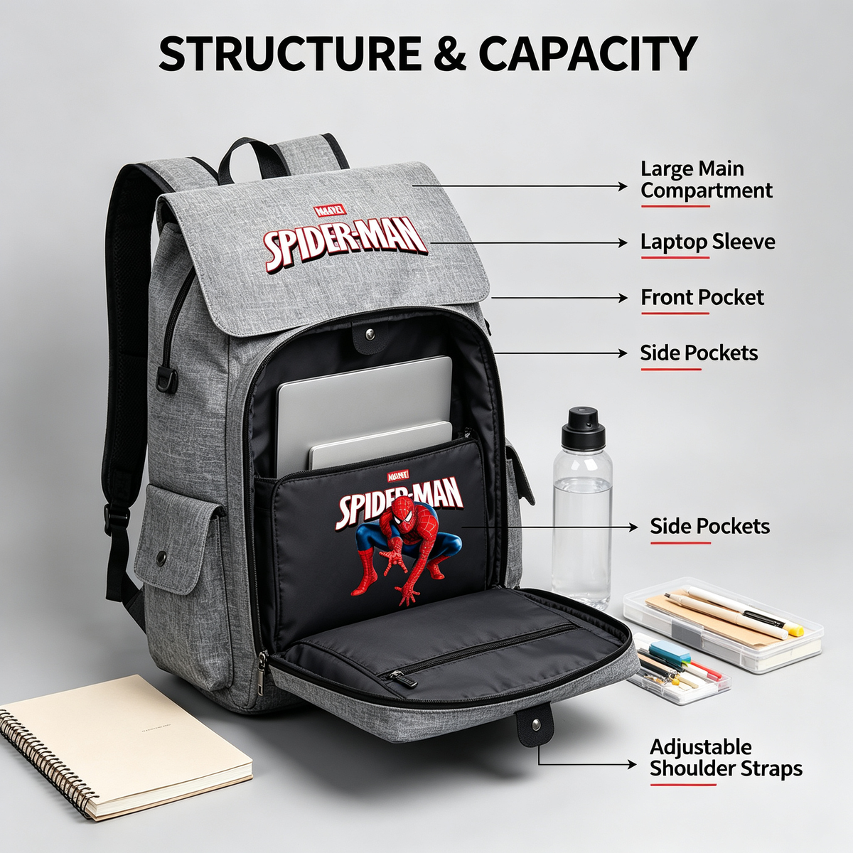 Spider-Man Marvel Canvas Backpack, Flip Top Drawstring Rucksack, Anime Superhero School Bookbag, Casual Travel Daypack Gift for Fans  >