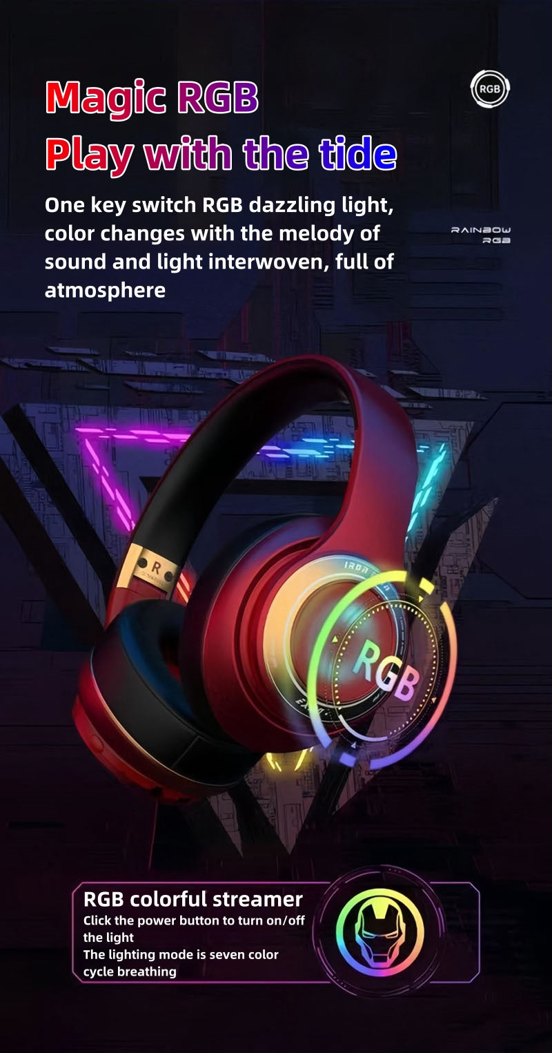 Marvel Iron Man Captain America Over‑Ear Bluetooth Headphones, RGB LED Light Gaming Headset, Bluetooth 5.3, 60MS Low Latency, 40MM Driver, Foldable Wireless Wired Mode Headphones for Game Music