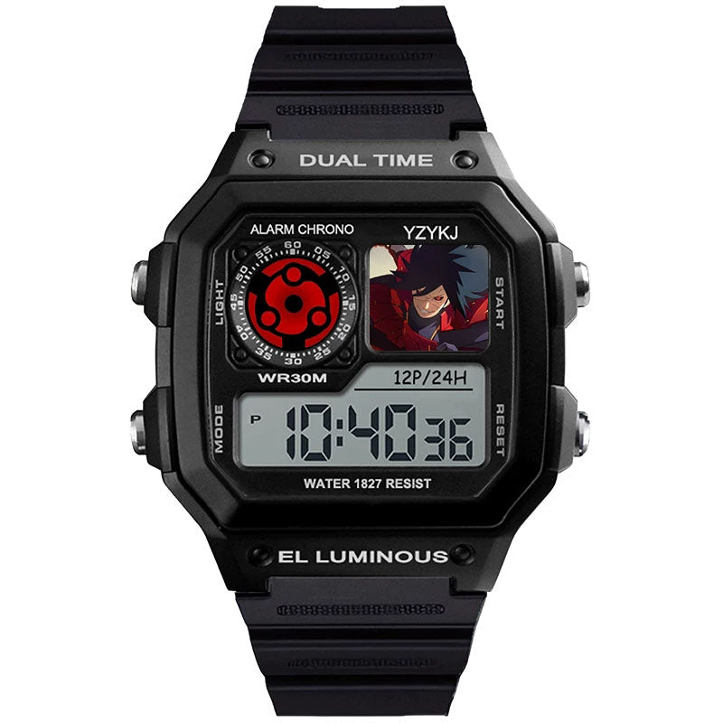 Naruto Sasuke Anime Digital Sports Watch, 30M Waterproof Dual Time EL Backlight Chronograph Wrist Watch