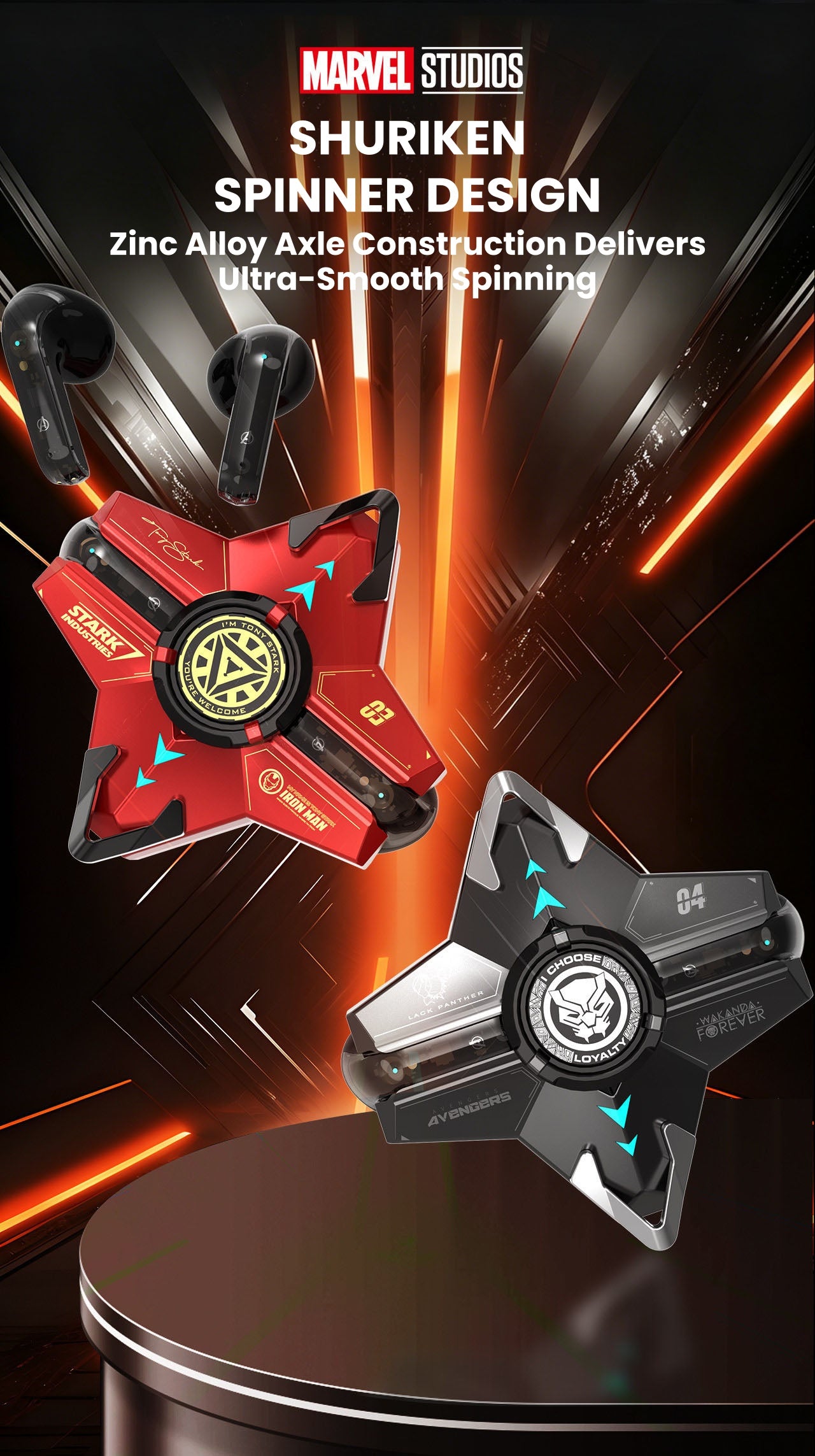 Marvel Iron‑Man Black Panther Spinner Wireless Bluetooth 5.3 Earbuds Fidget Spinner Toy Charging Case Stereo Gaming Headphones With Colorful LED Light For Anime Fans