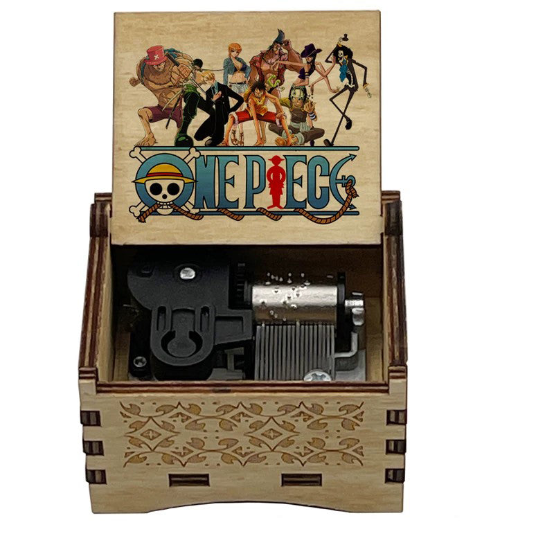 One Piece Luffy Brook Hand Crank Wooden Music Box, Plays Bink's Sake Anime Engraved Musical Gift Box