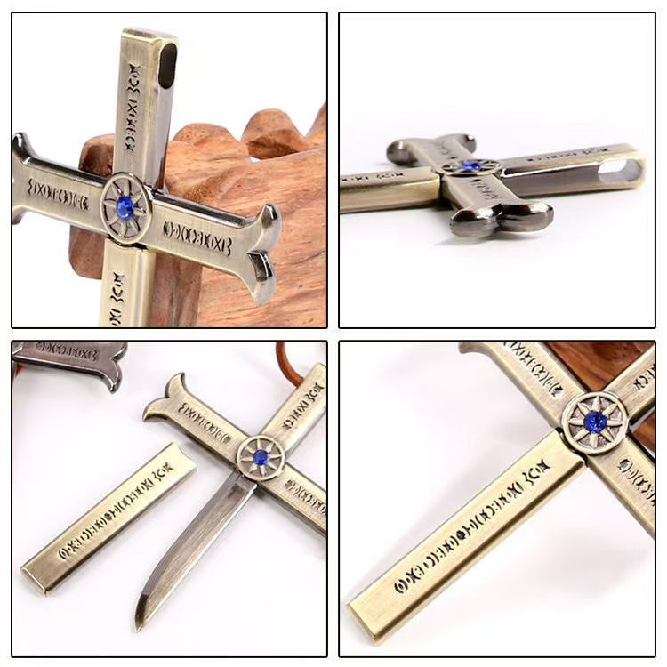 One Piece Dracule Mihawk Anime Cross Sword Pendant Necklace & Keychain, Detachable Blade Titanium Steel Jewelry 2 Colors Anime Character Collectible Accessory Set
