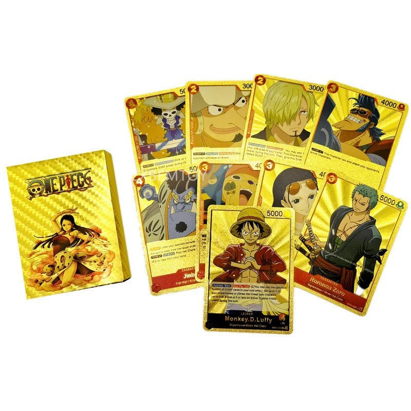 One Piece Monkey D Luffy Roronoa Zoro Gold Foil Collectible Trading Cards Box Set, Anime Character Waterproof Gold Plated TCG Game Cards