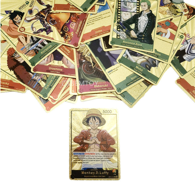 One Piece Monkey D Luffy Roronoa Zoro Gold Foil Collectible Trading Cards Box Set, Anime Character Waterproof Gold Plated TCG Game Cards